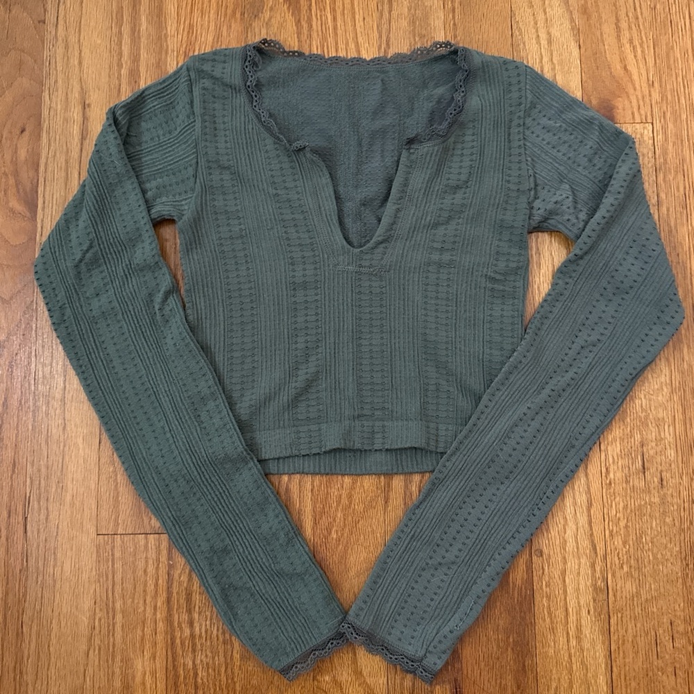 Urban Outfitters Green Long Sleeve Crop Top with Lace Trim